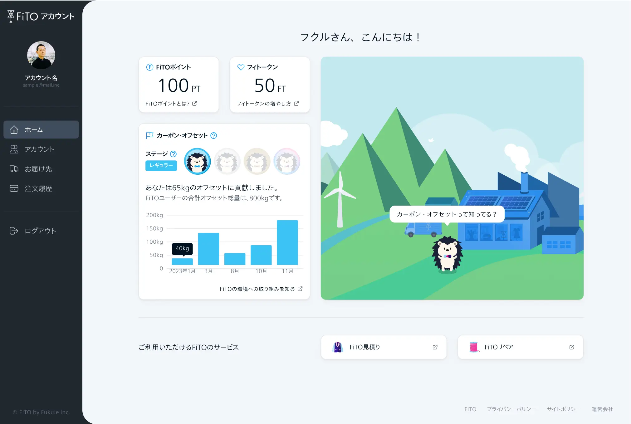 FiTOアカウントのホーム画面。ポイントやフィトークン、カーボンオフセットの情報が表示されている